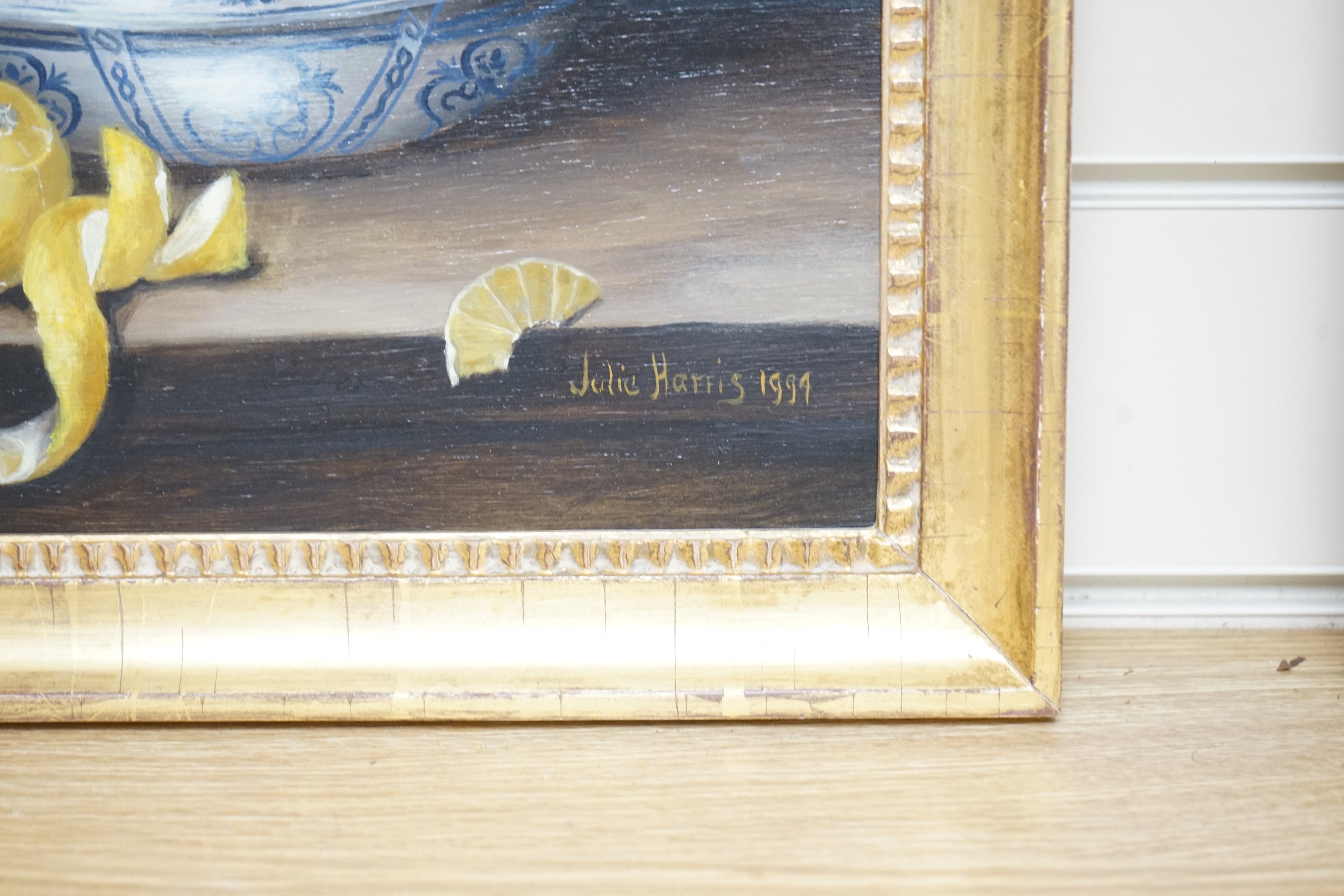 Julie Harris (b.1953), oil on panel, Still life of lemons in a delft bowl, signed and dated 1994, 24 x 30cm